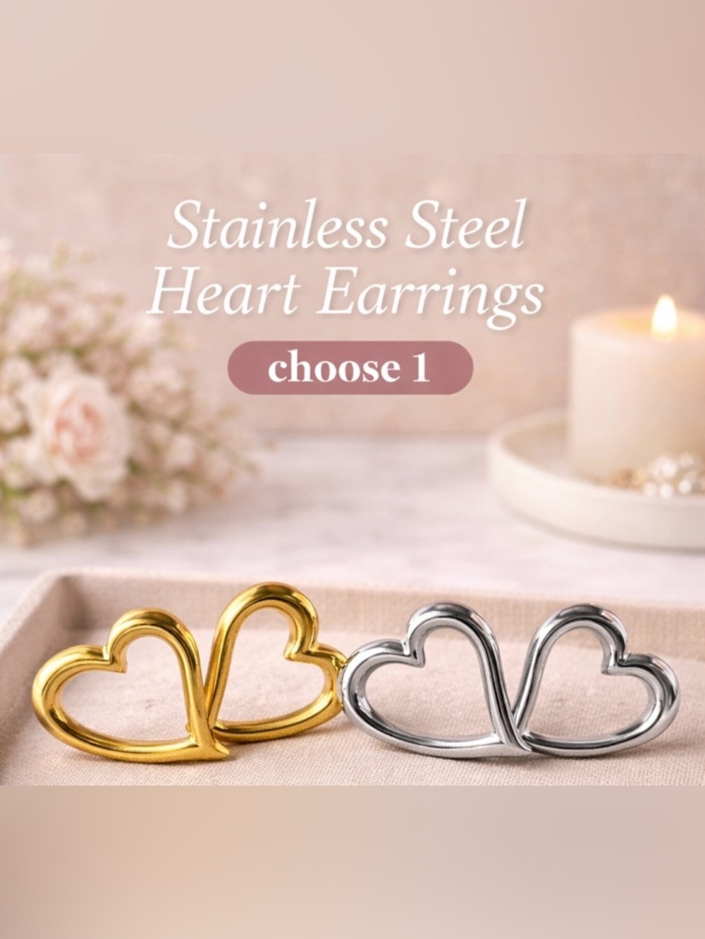 Stainless Steel Heart Earrings - Gold or Silver - Choose 1